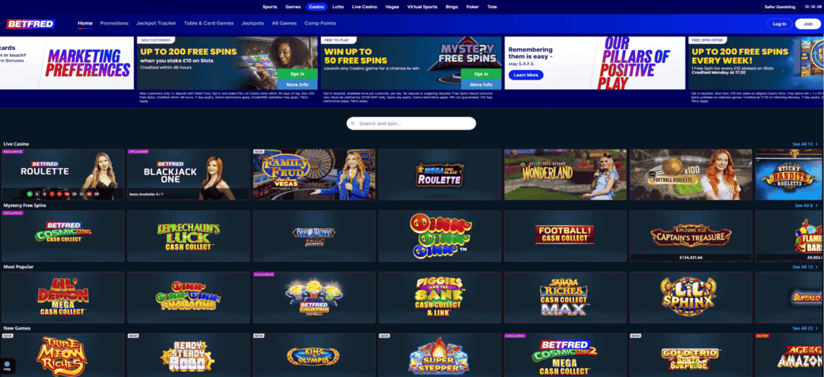 Screenshot of the Betfred website